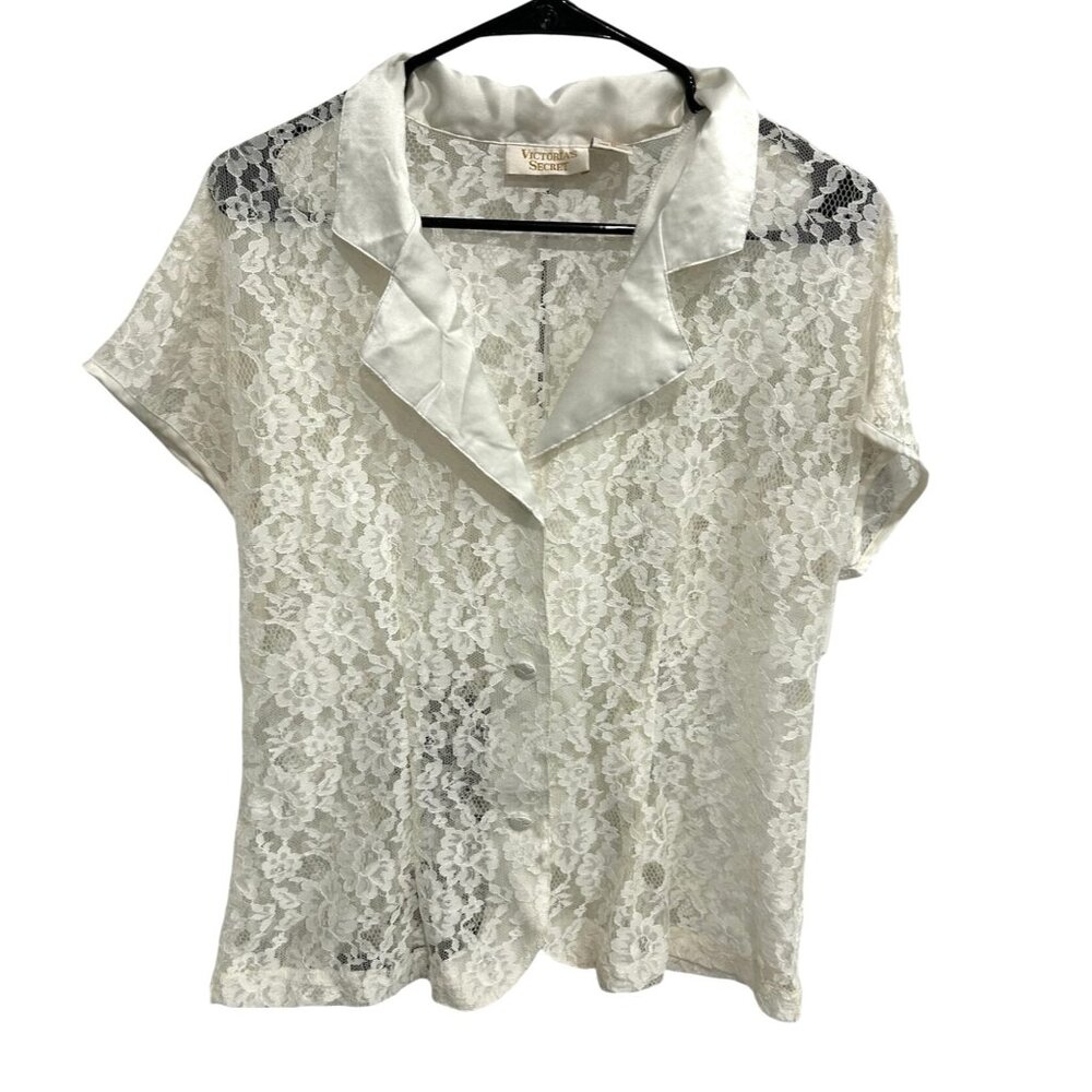 Vintage Victorias Secret White Lace Button-Down Blouse Satin Collar Trim Size M